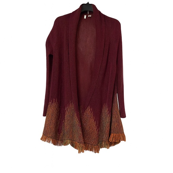 Moth by Anthropologie Burgundy Fringe Cardigan L Artsy Woven Lagenlook Cozy - Picture 1 of 7